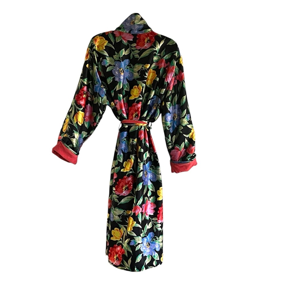 Old Hollywood Vibe Floral Satin & Coral Terrycloth Full Length Vtg  Adonna Robe